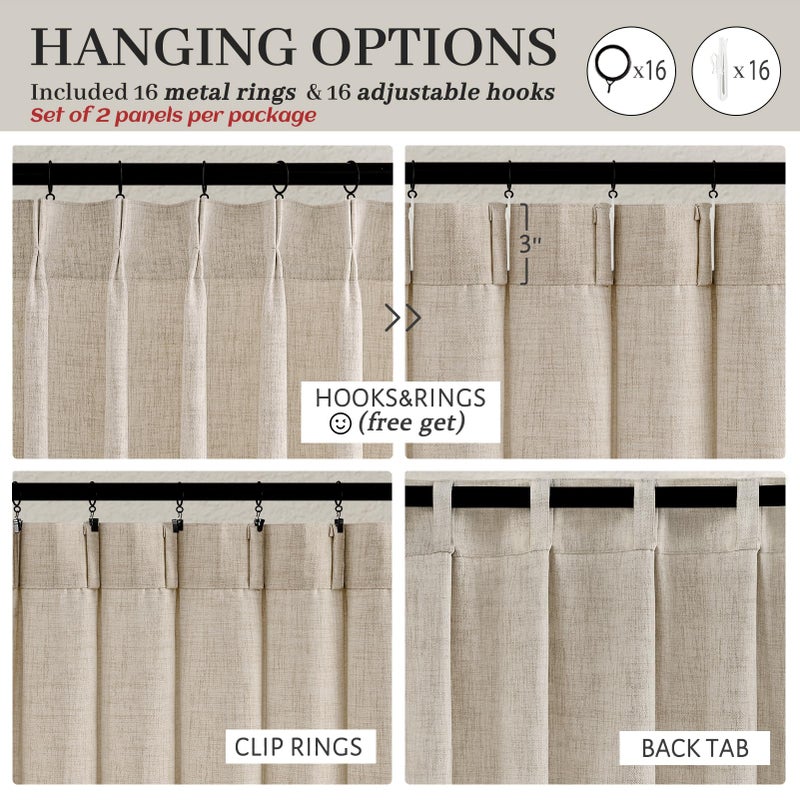 PleatedDrapes ستائر PleatedDrapes للديكور المورقة مقاس 105 بوصة لغرفة الطعام، ستارة شفافة من الكتان الطبيعي المزخرف باللون البيج البوهيمي مكونة من لوحتين مع خطافات وحلقات لغرفة النوم ستائر نافذة مقاس 104-106 بوصة (W40 xL105) - Image 4